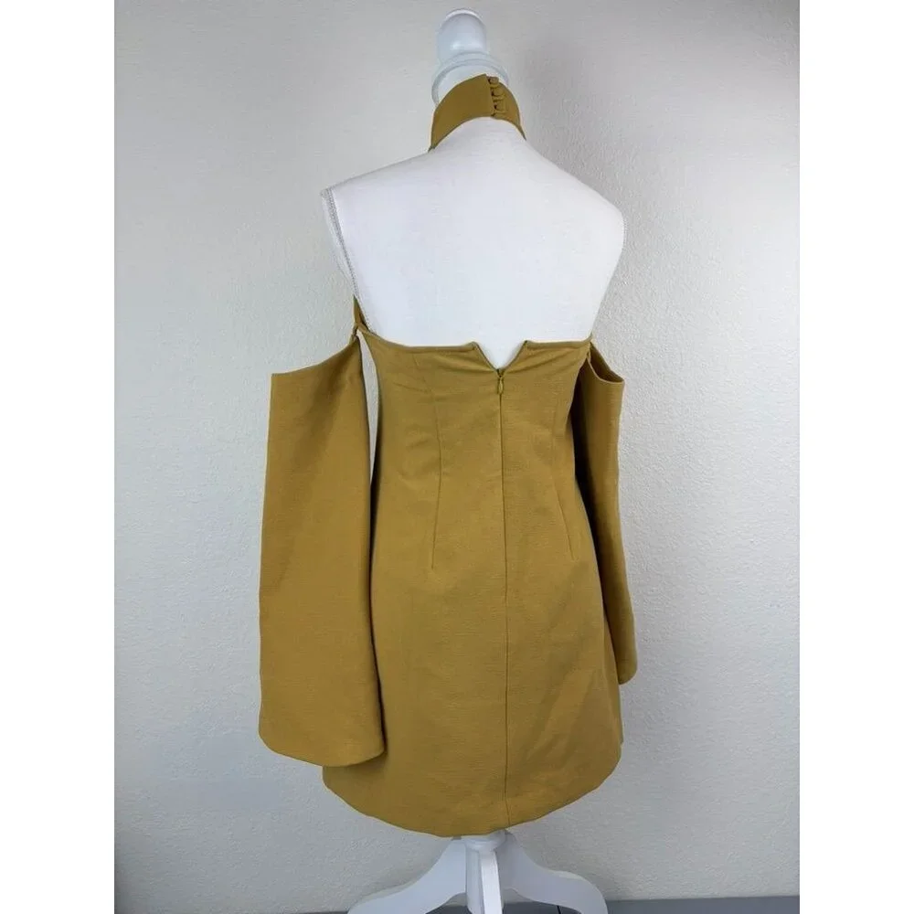 C/MEO Collective women's XS mustard halter flare sleeve cold shoulder mini dress
